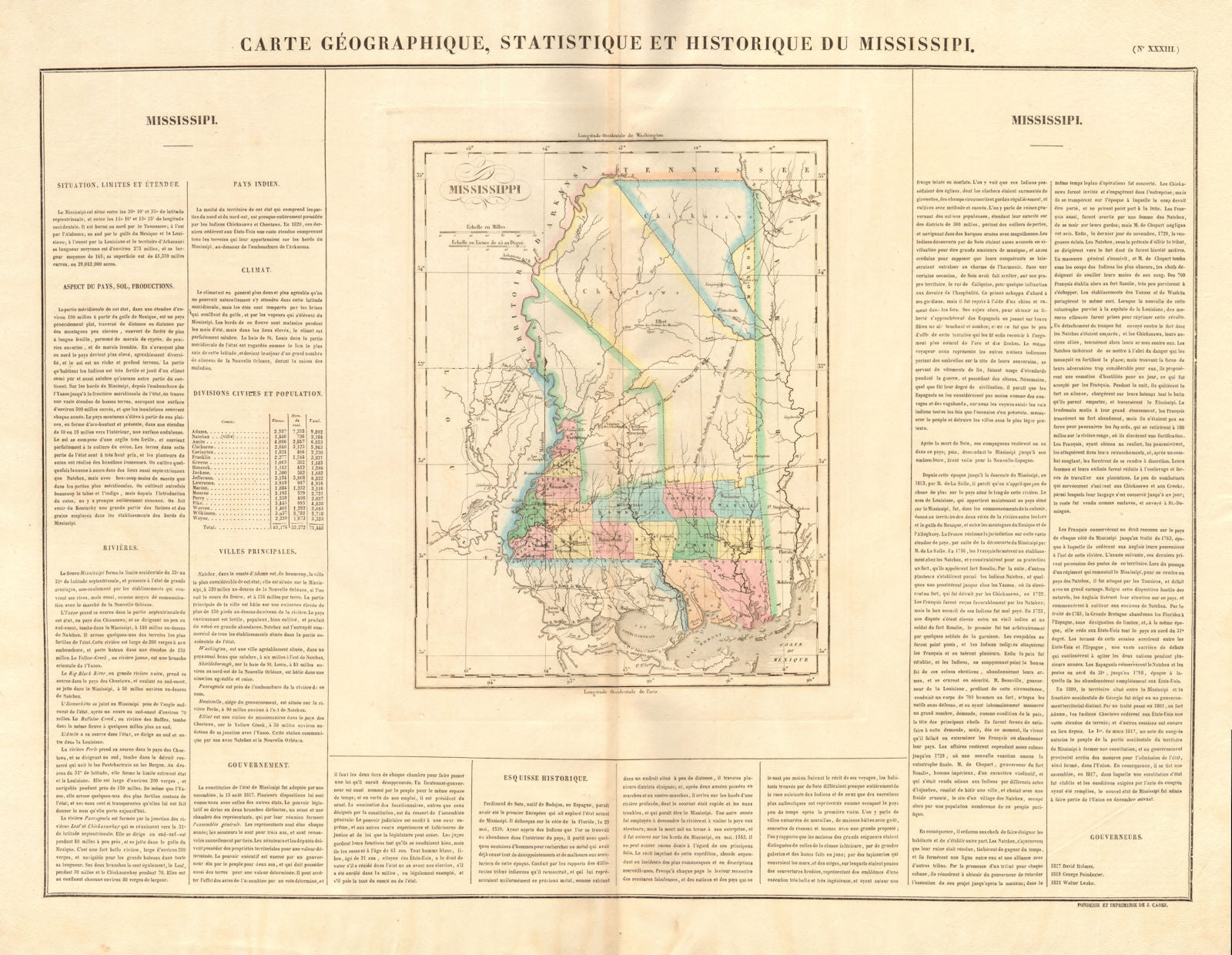 Mississippi state map. Chickasaws. Choctaws. Explorers' routes. BUCHON 1825